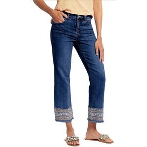 Flamingals Womens Straight Leg Cropped Jeans Deep Blue Embroidered Raw Hem XL